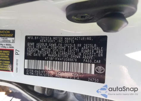 2015 Toyota Camry Se из США, поврежденный, VIN 4T1BF1FK4FU099876